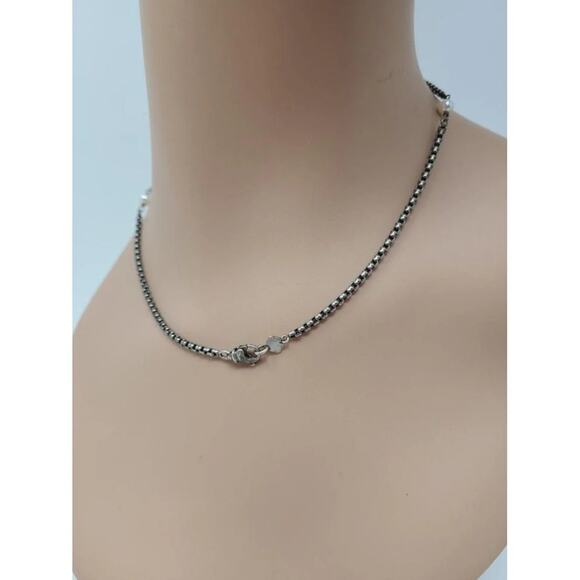 AUTH David Yurman Sterling Silver 14k DY and Pearl Station Cable Necklace - Picture 3 of 10